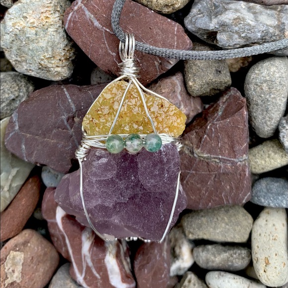 Gold Barite, Fluorite Drusy & Moss Agate Necklace - Picture 12 of 16
